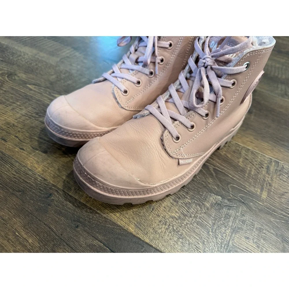 Palladium Boots Leather Fur Lined Ankle‎ Booties Lace Up Pink